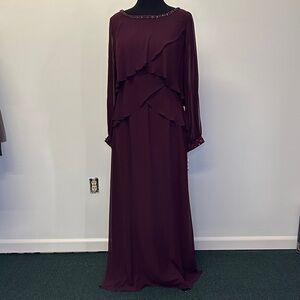 SLNY Burgundy Beaded-Neckline Dress with Tiered Ruffles beaded sleeve cuff 14